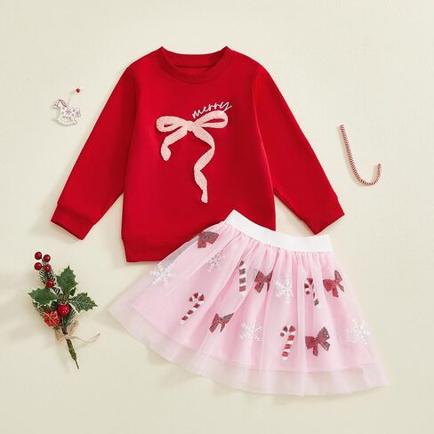 Dcohmch Toddler Girl Christmas Outfit Bow Embroidery Long Sleeve Sweatshirt Sequin Candy Tulle Skirt Fall Winter Clothes in Saudi Arabia