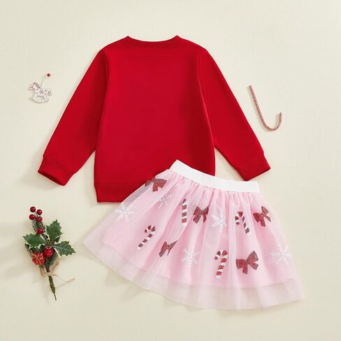 Dcohmch Toddler Girl Christmas Outfit Bow Embroidery Long Sleeve Sweatshirt Sequin Candy Tulle Skirt Fall Winter Clothes in Saudi Arabia