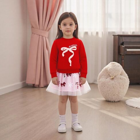 Dcohmch Toddler Girl Christmas Outfit Bow Embroidery Long Sleeve Sweatshirt Sequin Candy Tulle Skirt Fall Winter Clothes in Saudi Arabia
