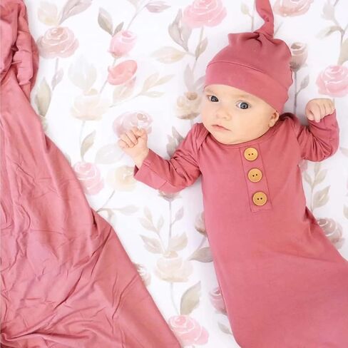 Aslana Infant Knotted Gown with Hat & Headband for Baby Girls & Boys unisex, Soft Silky Rayon Viscose from Bamboo, 0-3 Months in Saudi Arabia