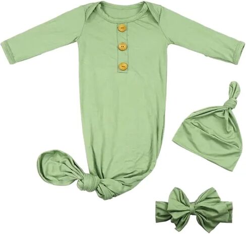Aslana Infant Knotted Gown with Hat & Headband for Baby Girls & Boys unisex, Soft Silky Rayon Viscose from Bamboo, 0-3 Months in Saudi Arabia