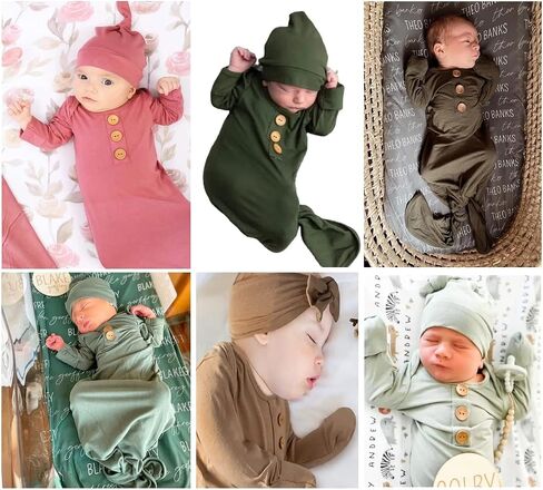 Aslana Infant Knotted Gown with Hat & Headband for Baby Girls & Boys unisex, Soft Silky Rayon Viscose from Bamboo, 0-3 Months in Saudi Arabia