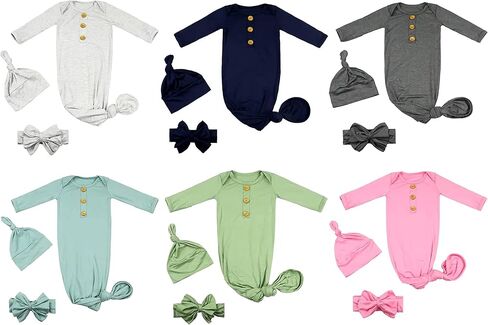 Aslana Infant Knotted Gown with Hat & Headband for Baby Girls & Boys unisex, Soft Silky Rayon Viscose from Bamboo, 0-3 Months in Saudi Arabia