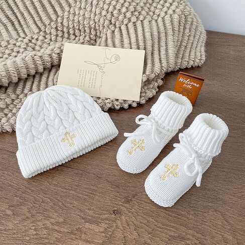 Crochet Baby Booties & Hat with Cross, Newborn Christening Baptism Outfit Knit Infant Shoes & Cap Gift for Baby Boy Girl 2PCs in Saudi Arabia