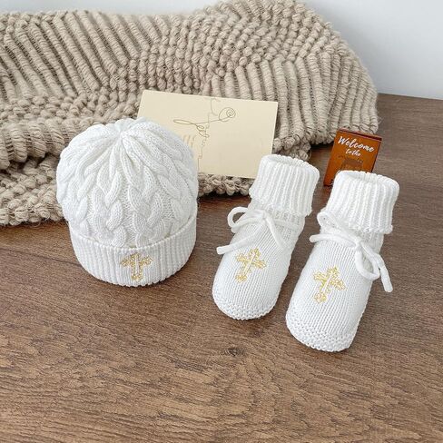Crochet Baby Booties & Hat with Cross, Newborn Christening Baptism Outfit Knit Infant Shoes & Cap Gift for Baby Boy Girl 2PCs in Saudi Arabia