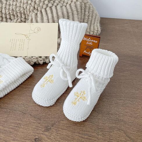 Crochet Baby Booties & Hat with Cross, Newborn Christening Baptism Outfit Knit Infant Shoes & Cap Gift for Baby Boy Girl 2PCs in Saudi Arabia