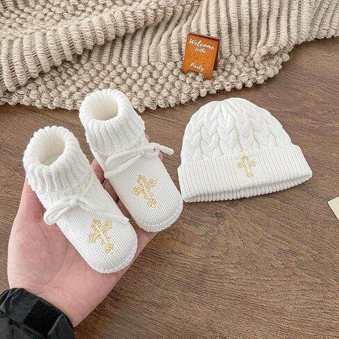 Crochet Baby Booties & Hat with Cross, Newborn Christening Baptism Outfit Knit Infant Shoes & Cap Gift for Baby Boy Girl 2PCs in Saudi Arabia