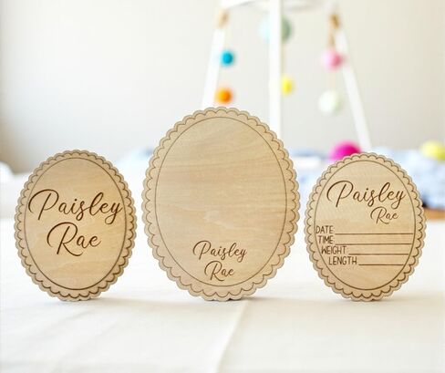 Personalized Engraved Scallop Edge Baby Name Sign, Birth Announcement Plaque, Baby Shower - Newborn Keepsake (All 3 Signs Bundle) in Saudi Arabia