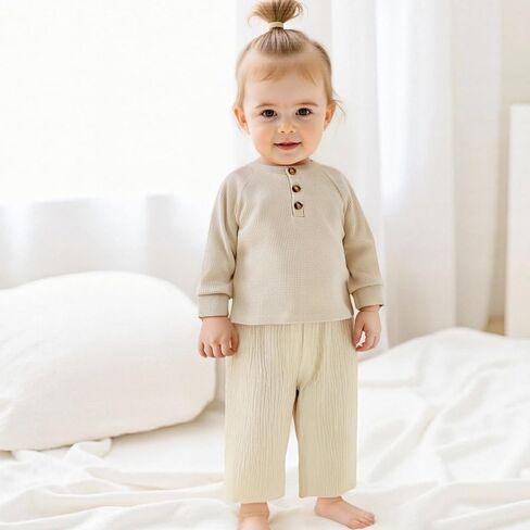 Toddler Baby Boy Girl Sweatshirt Waffle Solid Long Sleeve Shirts Thermal Henley Tops Infant Winter Spring Clothes in Saudi Arabia