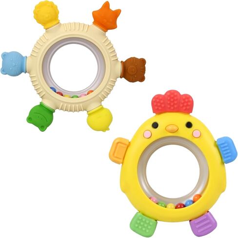 2 Pack Sensory Toys for Babies,Baby Teething Rings Toys for 0-6 6-12 Months Baby Rattle Teether Silicone Teether Relief Chew Soothing,BPA Free,Sore Gums Babys Teethers Toys in Saudi Arabia