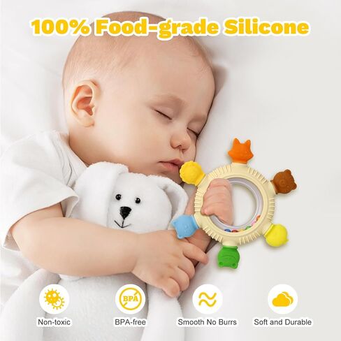 2 Pack Sensory Toys for Babies,Baby Teething Rings Toys for 0-6 6-12 Months Baby Rattle Teether Silicone Teether Relief Chew Soothing,BPA Free,Sore Gums Babys Teethers Toys in Saudi Arabia