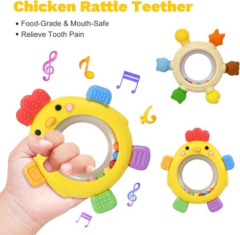 2 Pack Sensory Toys for Babies,Baby Teething Rings Toys for 0-6 6-12 Months Baby Rattle Teether Silicone Teether Relief Chew Soothing,BPA Free,Sore Gums Babys Teethers Toys in Saudi Arabia