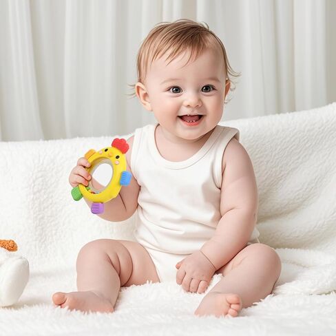 2 Pack Sensory Toys for Babies,Baby Teething Rings Toys for 0-6 6-12 Months Baby Rattle Teether Silicone Teether Relief Chew Soothing,BPA Free,Sore Gums Babys Teethers Toys in Saudi Arabia