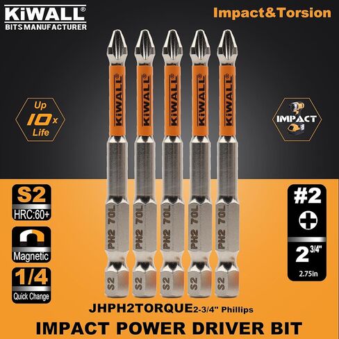 5-Pack PH2 Magnetic Phillips Bits, 2-3/4 Inches Impact Driver Bit Set, S2 Alloy Steel, Anti-Slip Precision Tip, Quick Change 1/4" Hex Shank for Power Drill & Impact Driver in Kuwait