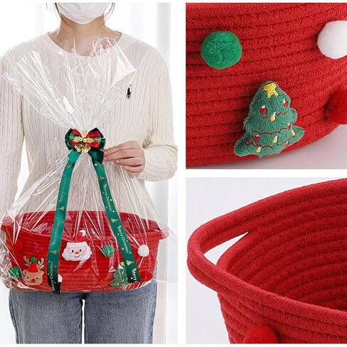 سلة هدايا فارغة لعيد الميلاد، سلال زينة عيد الميلاد مع أكياس هدايا وأشرطة، سلة تخزين صغيرة من الحبال القطنية لألعاب الأطفال والحيوانات الأليفة، مقاس 12 × 8 × 5 بوصة، أحمر in Kuwait