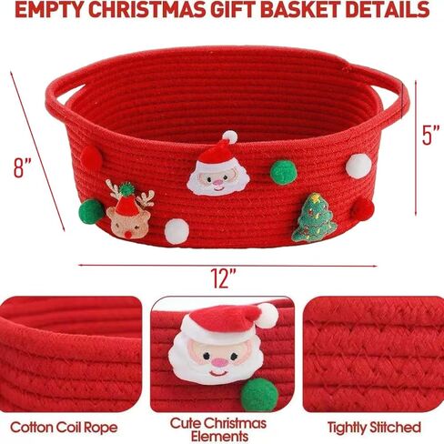 سلة هدايا فارغة لعيد الميلاد، سلال زينة عيد الميلاد مع أكياس هدايا وأشرطة، سلة تخزين صغيرة من الحبال القطنية لألعاب الأطفال والحيوانات الأليفة، مقاس 12 × 8 × 5 بوصة، أحمر in Kuwait