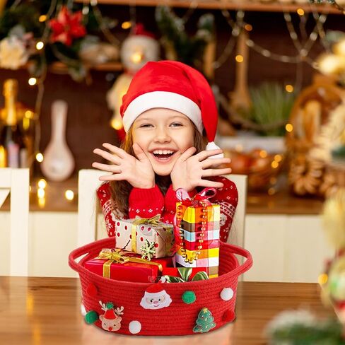 سلة هدايا فارغة لعيد الميلاد، سلال زينة عيد الميلاد مع أكياس هدايا وأشرطة، سلة تخزين صغيرة من الحبال القطنية لألعاب الأطفال والحيوانات الأليفة، مقاس 12 × 8 × 5 بوصة، أحمر in Kuwait