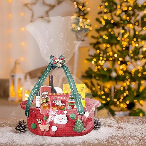 سلة هدايا فارغة لعيد الميلاد، سلال زينة عيد الميلاد مع أكياس هدايا وأشرطة، سلة تخزين صغيرة من الحبال القطنية لألعاب الأطفال والحيوانات الأليفة، مقاس 12 × 8 × 5 بوصة، أحمر in Kuwait