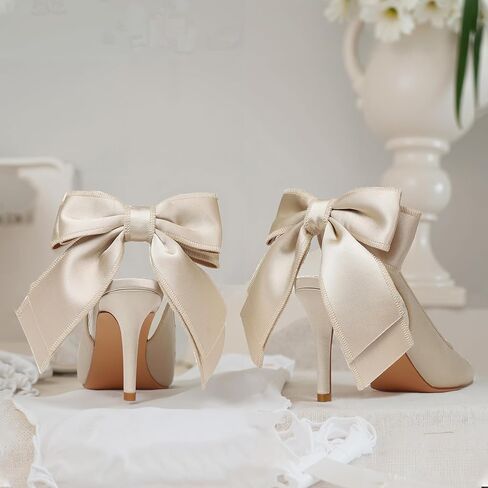 Mattiventon Slingback Heels for Women Pointed Closed Toe Stiletto Heels with Bow Tie Wedding Shoes for Bride Satin Prom Party Dress Pumps in Kuwait