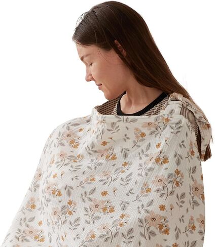 TILLYOU Muslin Nursing Cover for Baby Breastfeeding, 100% Cotton Breathable with Arch Neckline for Women, Yellow Flower in Saudi Arabia