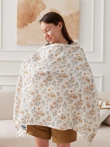 TILLYOU Muslin Nursing Cover for Baby Breastfeeding, 100% Cotton Breathable with Arch Neckline for Women, Yellow Flower in Saudi Arabia