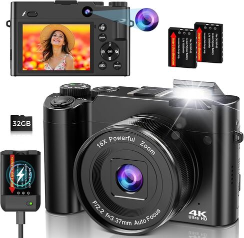 كاميرا رقمية 4K للتصوير الفوتوغرافي والمدونات، كاميرا فيديو مدمجة بدقة 64 ميجابكسل مع عدسة مزدوجة، مقاومة للاهتزاز، تكبير 16X، فلاش، بطاقة SD سعة 32 جيجابايت وبطاريتين، للمراهقين والمبتدئين (أسود) in Kuwait