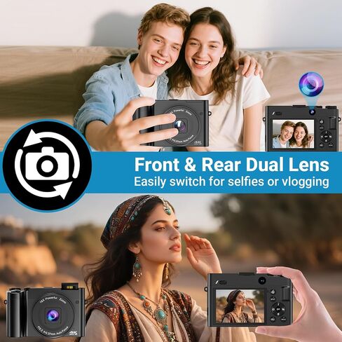 كاميرا رقمية 4K للتصوير الفوتوغرافي والمدونات، كاميرا فيديو مدمجة بدقة 64 ميجابكسل مع عدسة مزدوجة، مقاومة للاهتزاز، تكبير 16X، فلاش، بطاقة SD سعة 32 جيجابايت وبطاريتين، للمراهقين والمبتدئين (أسود) in Kuwait