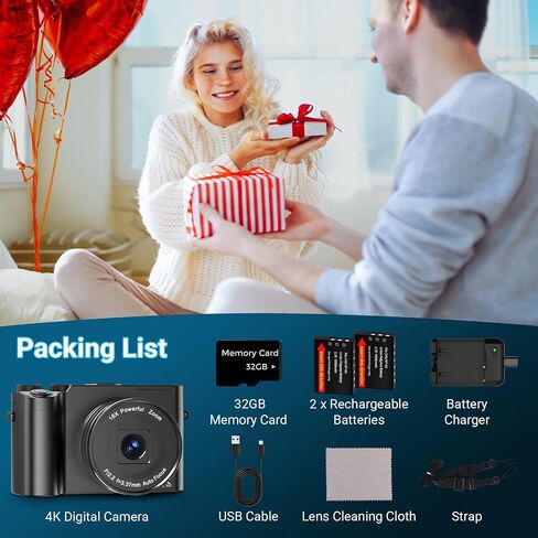 كاميرا رقمية 4K للتصوير الفوتوغرافي والمدونات، كاميرا فيديو مدمجة بدقة 64 ميجابكسل مع عدسة مزدوجة، مقاومة للاهتزاز، تكبير 16X، فلاش، بطاقة SD سعة 32 جيجابايت وبطاريتين، للمراهقين والمبتدئين (أسود) in Kuwait
