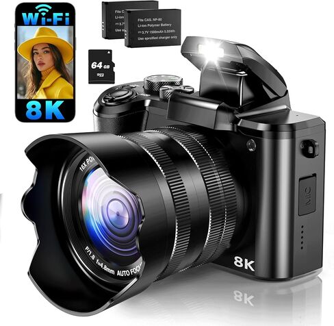 كاميرا رقمية 8K، كاميرات واي فاي بدقة 88 ميجابكسل للتصوير الفوتوغرافي مع شاشة لمس 3.2 بوصة، كاميرا تسجيل فيديو بتركيز تلقائي للتكبير 16X لفيديو YouTube، مضادة للاهتزاز، كاميرا مزدوجة، بطاريتان، بطاقة 64 جيجابايت، فلاش، غطاء عدسة in Kuwait