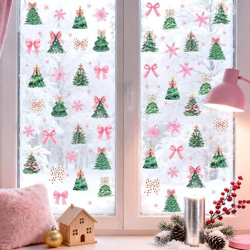 نافذة شجرة عيد الميلاد تتشبث مزدوجة الجوانب لشجرة القوس الشتوي نافذة الشارات غير لاصقة عيد الميلاد الوردي ندفة الثلج نوافذ ثابتة تتشبث ملصقات أشجار الصنوبر الشتوية للنوافذ الزجاجية ديكورات العطلات in Kuwait