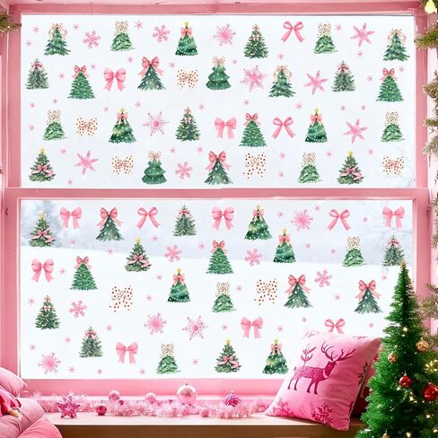 نافذة شجرة عيد الميلاد تتشبث مزدوجة الجوانب لشجرة القوس الشتوي نافذة الشارات غير لاصقة عيد الميلاد الوردي ندفة الثلج نوافذ ثابتة تتشبث ملصقات أشجار الصنوبر الشتوية للنوافذ الزجاجية ديكورات العطلات in Kuwait