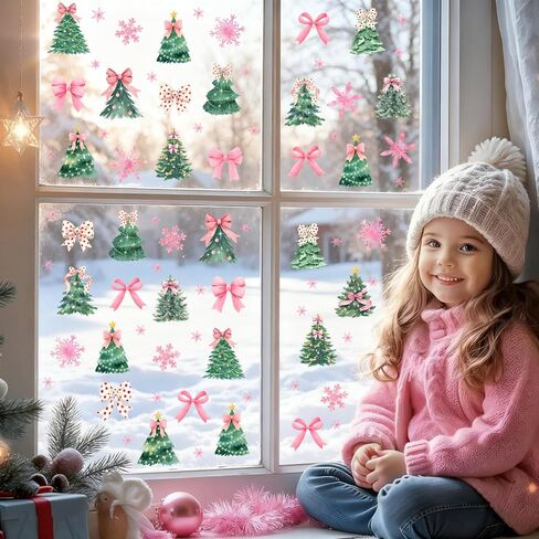 نافذة شجرة عيد الميلاد تتشبث مزدوجة الجوانب لشجرة القوس الشتوي نافذة الشارات غير لاصقة عيد الميلاد الوردي ندفة الثلج نوافذ ثابتة تتشبث ملصقات أشجار الصنوبر الشتوية للنوافذ الزجاجية ديكورات العطلات in Kuwait