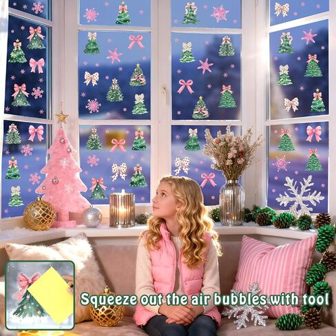 نافذة شجرة عيد الميلاد تتشبث مزدوجة الجوانب لشجرة القوس الشتوي نافذة الشارات غير لاصقة عيد الميلاد الوردي ندفة الثلج نوافذ ثابتة تتشبث ملصقات أشجار الصنوبر الشتوية للنوافذ الزجاجية ديكورات العطلات in Kuwait