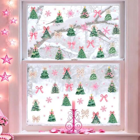 نافذة شجرة عيد الميلاد تتشبث مزدوجة الجوانب لشجرة القوس الشتوي نافذة الشارات غير لاصقة عيد الميلاد الوردي ندفة الثلج نوافذ ثابتة تتشبث ملصقات أشجار الصنوبر الشتوية للنوافذ الزجاجية ديكورات العطلات in Kuwait