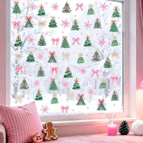 نافذة شجرة عيد الميلاد تتشبث مزدوجة الجوانب لشجرة القوس الشتوي نافذة الشارات غير لاصقة عيد الميلاد الوردي ندفة الثلج نوافذ ثابتة تتشبث ملصقات أشجار الصنوبر الشتوية للنوافذ الزجاجية ديكورات العطلات in Kuwait