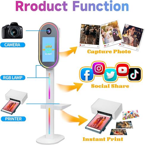 كشك صور بمرآة سحرية، كشك صور DSLR بشاشة لمس تفاعلية مقاس 15.6 بوصة مع حقيبة طيران، وإضاءة RGB للتحكم عن بعد في التطبيقات لحفلات الزفاف وتأجير الأحداث (أبيض) in Kuwait