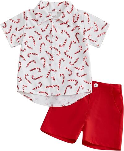 Baby Boy Christmas Outfits Button-up Short Sleeve Shirt Top Plain Shorts Set Toddler Christmas Baby Clothes in Saudi Arabia