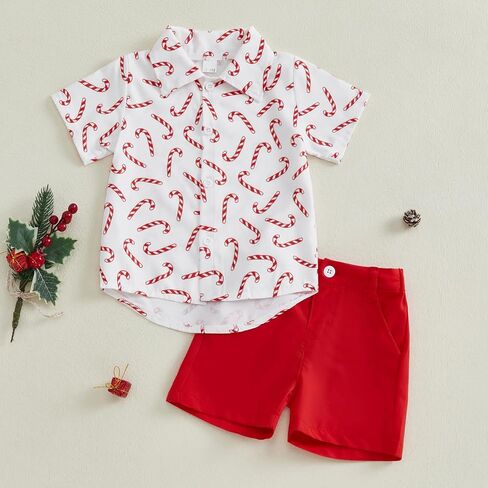 Baby Boy Christmas Outfits Button-up Short Sleeve Shirt Top Plain Shorts Set Toddler Christmas Baby Clothes in Saudi Arabia