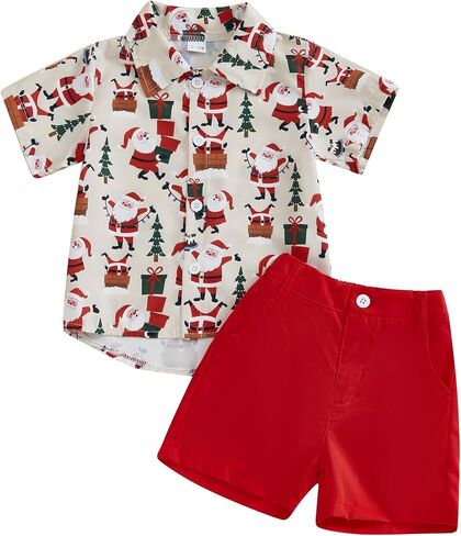 Baby Boy Christmas Outfits Button-up Short Sleeve Shirt Top Plain Shorts Set Toddler Christmas Baby Clothes in Saudi Arabia