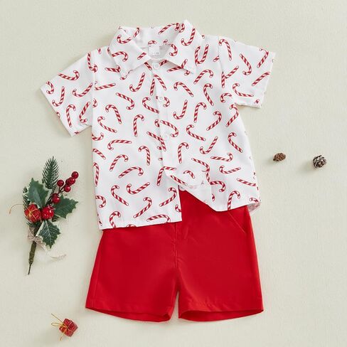 Baby Boy Christmas Outfits Button-up Short Sleeve Shirt Top Plain Shorts Set Toddler Christmas Baby Clothes in Saudi Arabia