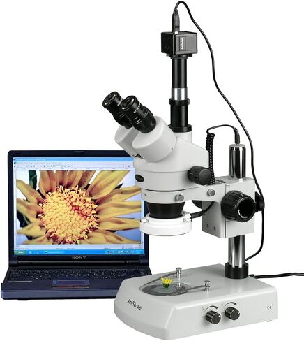 AmScope SM-2TZ-LED-10M Digital Professional Trinocular Stereo Zoom Microscope, WH10x Eyepieces, 3.5X-90X Magnification, 0.7X-4.5X Zoom Objective, Upper and Lower LED Lighting, Pillar Stand, 110V-120V, Includes 0.5X and 2.0X Barlow Lenses and 10MP Camera w in Saudi Arabia