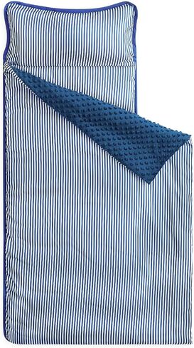 Wake In Cloud - Toddler Nap Mat with Pillow and Minky Fleece Blanket, for Kids Boys Girls in Daycare Preschool Kindergarten, Roll Up Sleeping Bag, Cute Ticking Stripe, Royal Blue White, Standard in Saudi Arabia