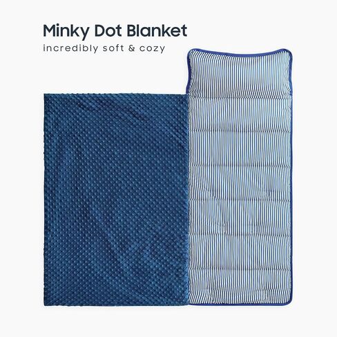 Wake In Cloud - Toddler Nap Mat with Pillow and Minky Fleece Blanket, for Kids Boys Girls in Daycare Preschool Kindergarten, Roll Up Sleeping Bag, Cute Ticking Stripe, Royal Blue White, Standard in Saudi Arabia