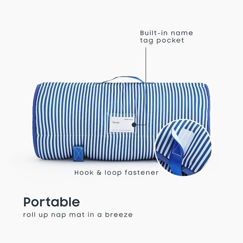 Wake In Cloud - Toddler Nap Mat with Pillow and Minky Fleece Blanket, for Kids Boys Girls in Daycare Preschool Kindergarten, Roll Up Sleeping Bag, Cute Ticking Stripe, Royal Blue White, Standard in Saudi Arabia