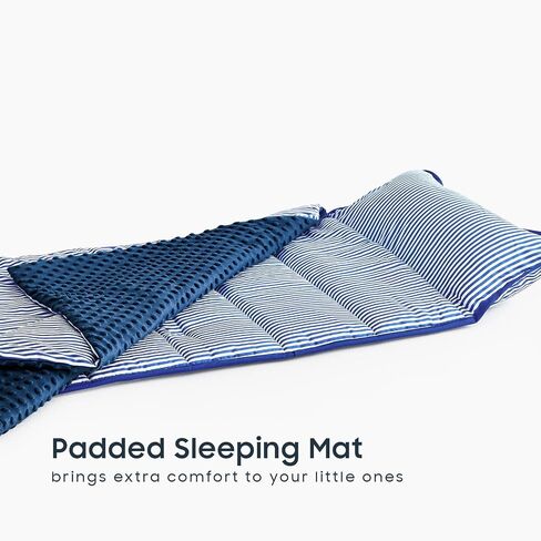 Wake In Cloud - Toddler Nap Mat with Pillow and Minky Fleece Blanket, for Kids Boys Girls in Daycare Preschool Kindergarten, Roll Up Sleeping Bag, Cute Ticking Stripe, Royal Blue White, Standard in Saudi Arabia