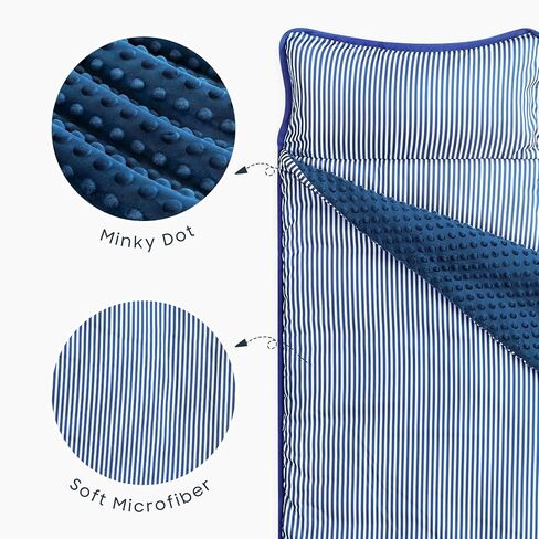Wake In Cloud - Toddler Nap Mat with Pillow and Minky Fleece Blanket, for Kids Boys Girls in Daycare Preschool Kindergarten, Roll Up Sleeping Bag, Cute Ticking Stripe, Royal Blue White, Standard in Saudi Arabia