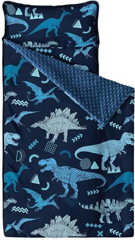 Wake In Cloud - Toddler Nap Mat with Pillow and Minky Fleece Blanket, for Kids Boys in Daycare Preschool Kindergarten, Roll Up Sleeping Bag, Jurassic Dinosaur World Sketch, Navy Blue, Standard in Saudi Arabia