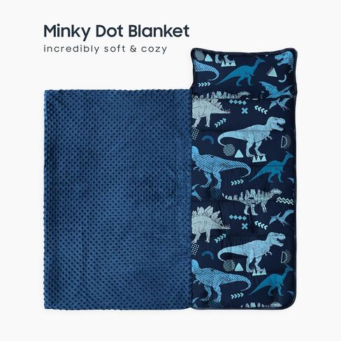 Wake In Cloud - Toddler Nap Mat with Pillow and Minky Fleece Blanket, for Kids Boys in Daycare Preschool Kindergarten, Roll Up Sleeping Bag, Jurassic Dinosaur World Sketch, Navy Blue, Standard in Saudi Arabia