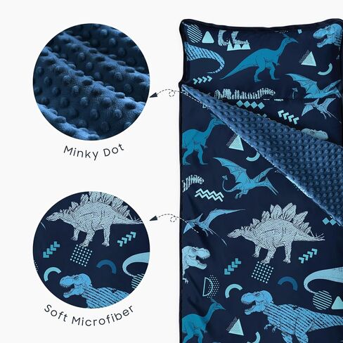 Wake In Cloud - Toddler Nap Mat with Pillow and Minky Fleece Blanket, for Kids Boys in Daycare Preschool Kindergarten, Roll Up Sleeping Bag, Jurassic Dinosaur World Sketch, Navy Blue, Standard in Saudi Arabia
