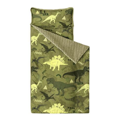 استيقظ في السحابة - بساط قيلولة للأطفال الصغار مع وسادة وبطانية من الصوف المنكي، للأطفال الأولاد في رياض الأطفال في مرحلة ما قبل المدرسة للرعاية النهارية، حقيبة نوم قابلة للطي، رسم عالم الديناصورات الجوراسية، أزرق داكن، قياسي in Kuwait